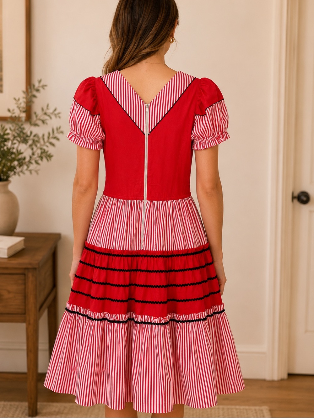 Red White Striped Prairie Midi Dress Women’s Small - Picture 2 of 4
